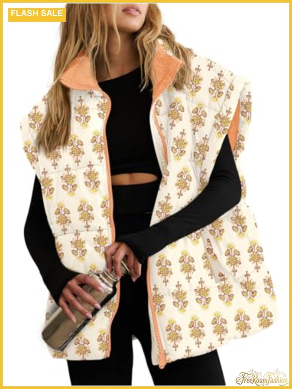 Womens Oversized Floral Puffer Vest Quilted Zip Up Cap Sleeve